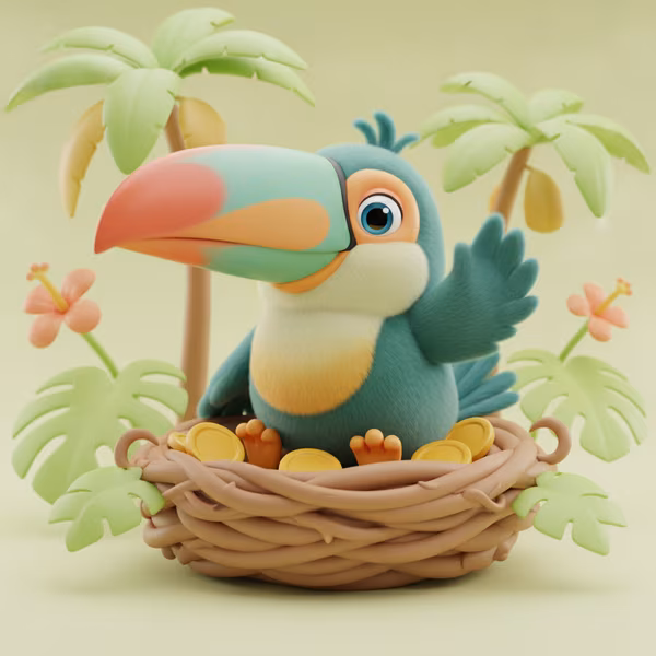 Coco, the friendly CoinNest Play toucan mascot, sitting in a nest of coins